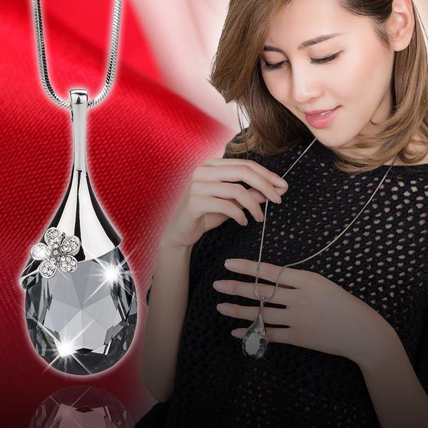 

pendant necklaces delicate flower crystal long necklace temperament women water drop sweater dress accessories, Silver