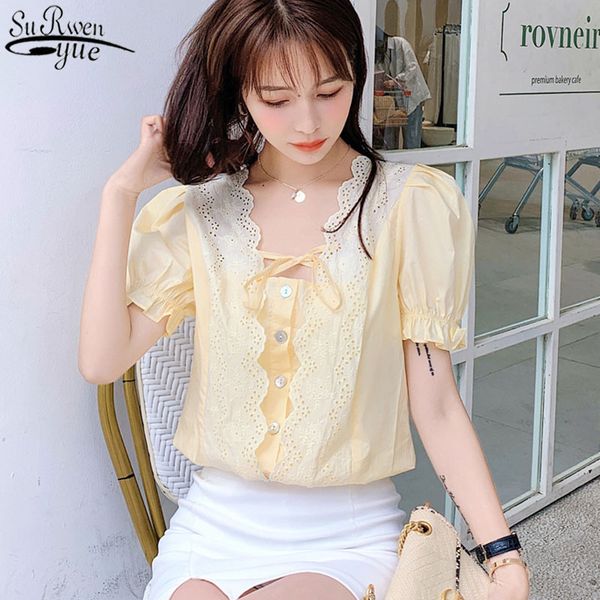 

fashion hollow out square collar summer women blouse sweet backless lace-up casual puff short sleeve white blusas 10046 210417