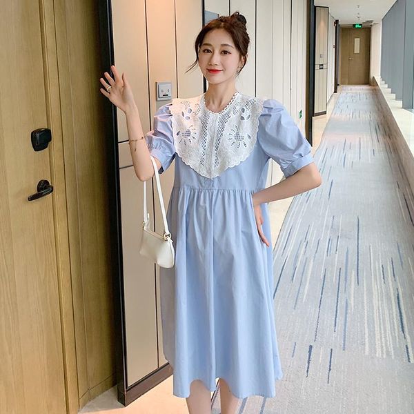 

6910# summer korean fashion maternity long dress elegant a line slim waist loose clothes for pregnant women sweet pregnancy dresses, White