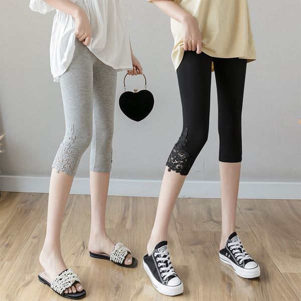 

summer new modal 7-point leggings women wear thin large lace elastic pants, Black
