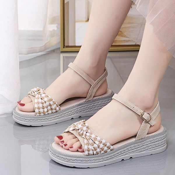 Sandali moda fiocco a quadretti donna estate vintage diamante tacco alto cucito casual scarpe da donna sandali con plateau