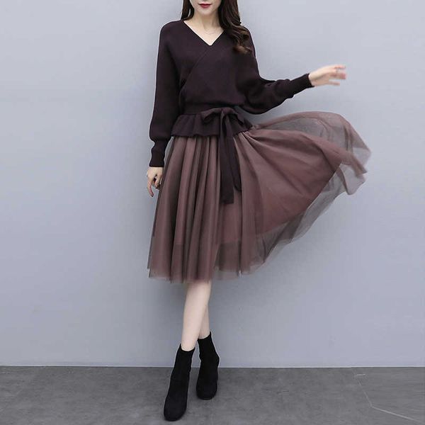 

large size women's sweater skirt set autumn and winter fashion solid color knitted casual lace two-piece 210527, White