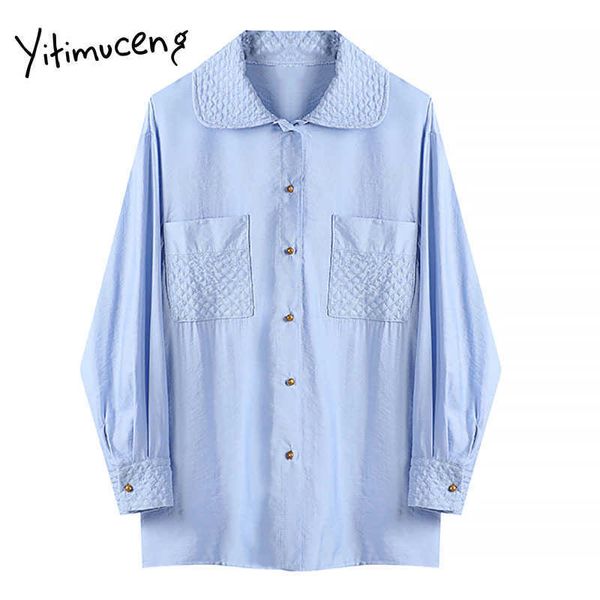 

yitimuceng pockets blouse women shirts loose spring fashion clothes long sleeve turn-down collar single breasted 210601, White