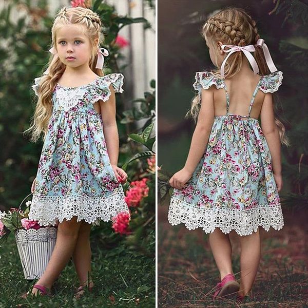 

sweet newborn infant baby girl dresses girls summer petal sleeve o neck lace floral print ruffles a line knee length, Red;yellow