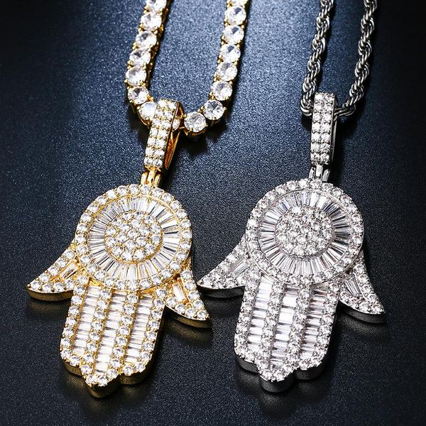 

iced out baguette pendant pave full cz stone bling for mens necklace women hip hop jewelry fatima party gift chains, Silver