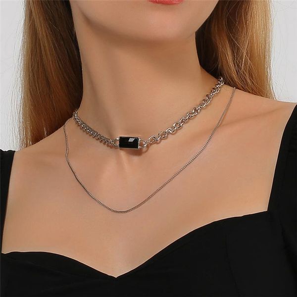 

double layers alloy black crystal pendent choker necklace punk style clavicle cuba snake chain 2021 trend jewelry for women girl pendant nec, Silver