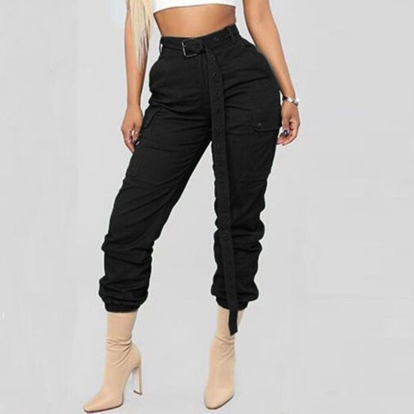 

women's pants & capris fashion casual high waist loose linen solid colors cargo baggy with belt sweatpants trousers pantalones mujer#35, Black;white
