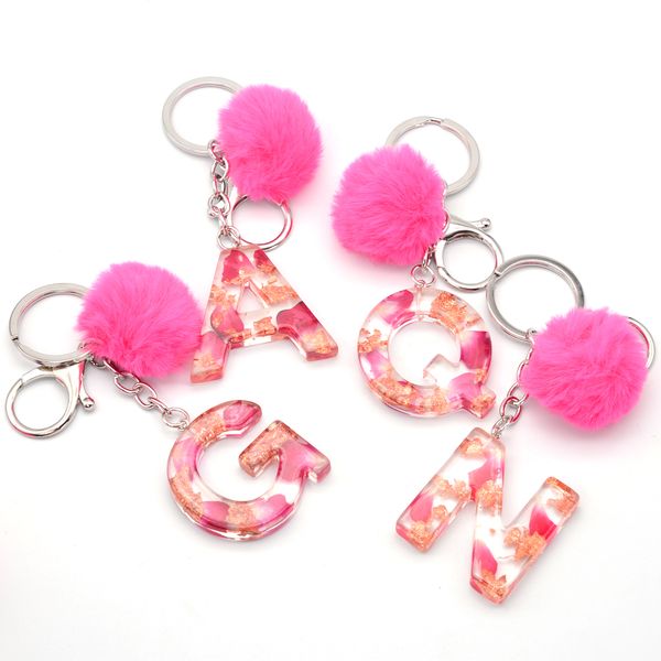 

new pink hairball key ring 26 letters english key chain red rose gold foil filling keychain lady bag gift women handbag charms, Silver