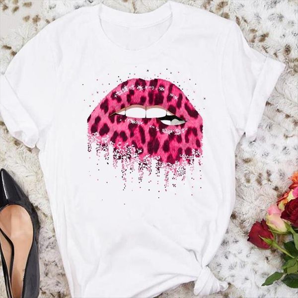 

leopard cute cartoon clothing women lip summer tshirts fashion clothes graphic t lady print tee shirt, White