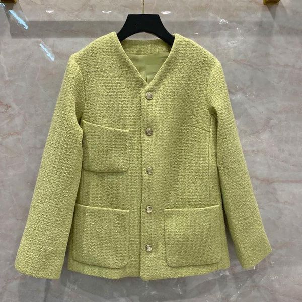 

women's wool & blends runways high spring quality v-neck coat designer women 100% silk lining tweed c678, Black