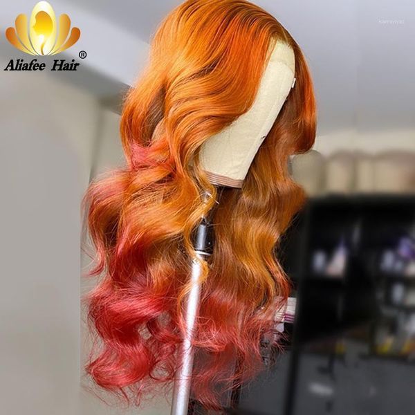 

aliafee orange ombre colored body wave wigs pre plucked lace front human hair remy part wig for black women1, Black;brown