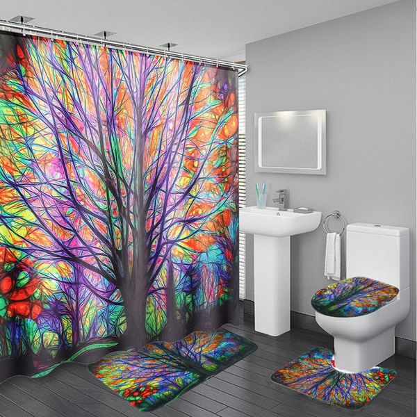 

colorful dreamy tree bathroom curtains decor set non-slip toilet cover rugs waterproof shower curtain bath screen mats