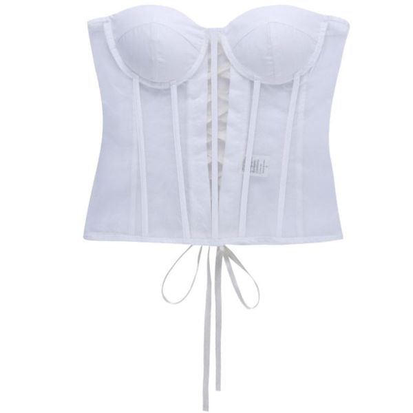 

women's tanks & camis women sheer mesh patchwork bustier corset vintage strapless lace-up back overbust waist cincher body shaper top, White