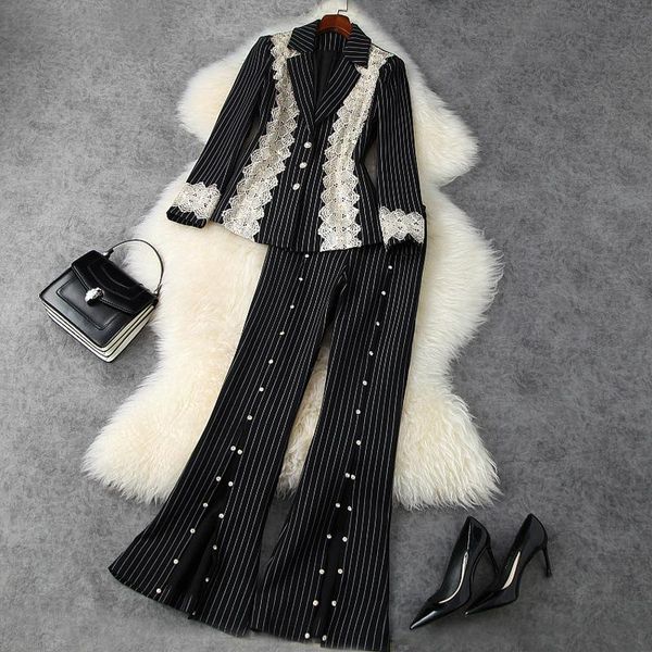 

pant suits 2021 winter women's striped lace small suit jacket + split flared trousers two piece set for office lady s-xl pants, White