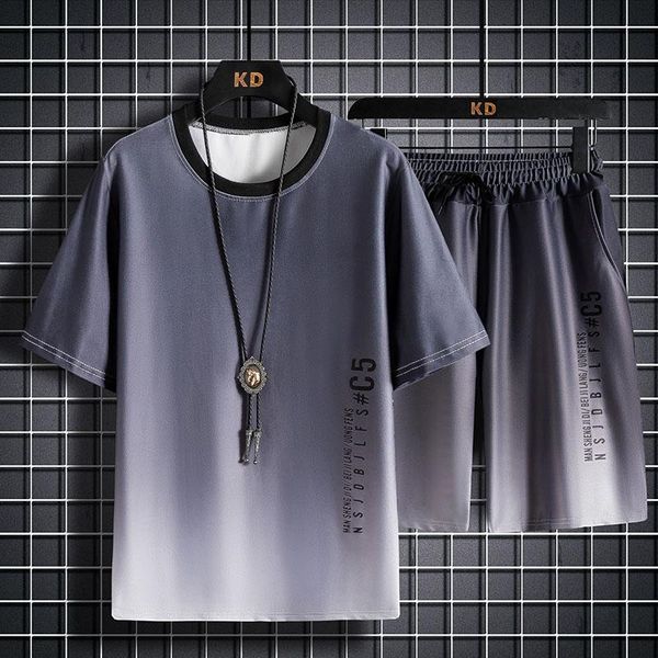 

men's tracksuits summer ice silk sports casual suit short sleeve t shirt korean version of gradient colored shorts logo t-shirt 4xl, Gray