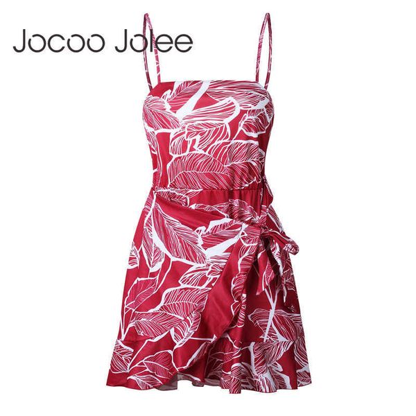 

jocoo jolee vintage leaf print ruffle dress women fashion sleeveless strap vestidos dress casual tie up backless summer 210619, Black;gray