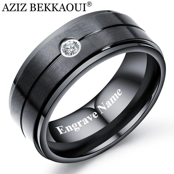 

wedding rings aziz bekkaoui black engrave name stainless steel for men diy wide crystal ring male finger gift, Slivery;golden