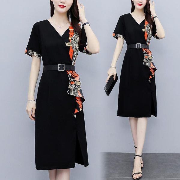 

plus size dresses 2021 vintage v-neck patchwork dress women fashion print short sleeve female knee length split hem