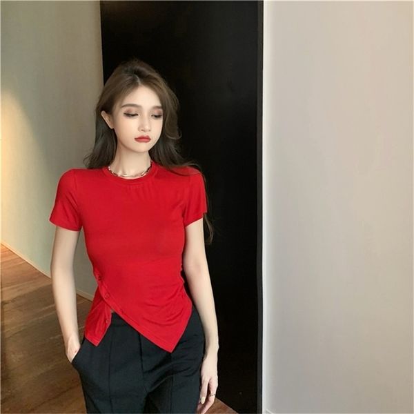 

summer the split fork short sleeves t-shirt slim oblique buckle lady woman tshirts 210507, White
