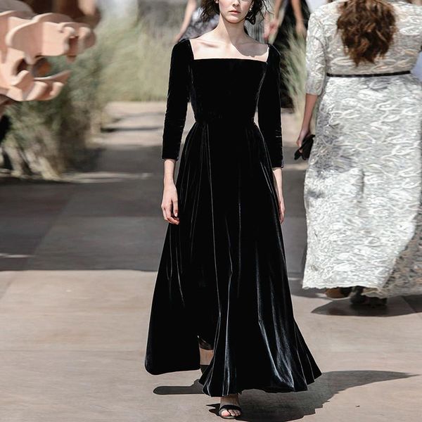 

casual dresses fashion ukraine style autunm long sleeve elegant velour dress plus size 5xl 6xl square collar winter maxi party velvet, Black;gray