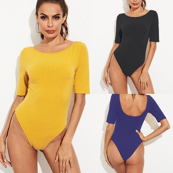 

ribbed jumpsuit women bodycon bodysuit half sleeve o-neck sheath basic overalls womens rompers causal body 2021 women's jumpsuits, Black;white