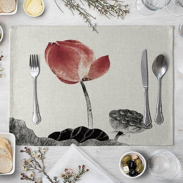 

mats & pads flower lotus print rectangle western style table pad cut placemat for dinner kitchen 40x30cm