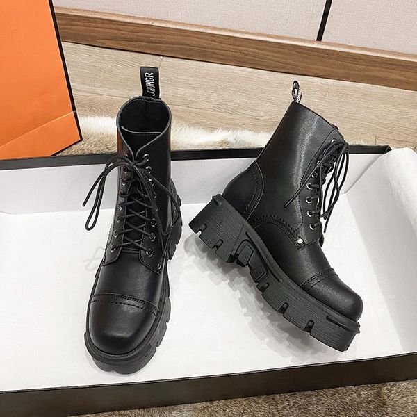 

dress shoes boots female winter punk 2021 short british style thick soled locomotive handsome military, Black