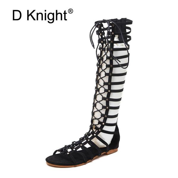 

summer boots women fashion rivet cut-outs flats shoes woman cross-tied gladiator sandals for black knee high