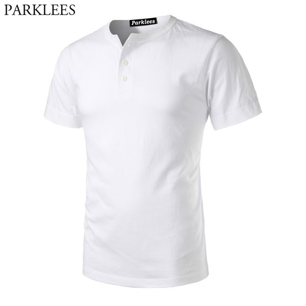 Camiseta masculina de manga curta pesada básica com 3 botões Henley marca slim fit decote em V de algodão grosso Homme branco 210522