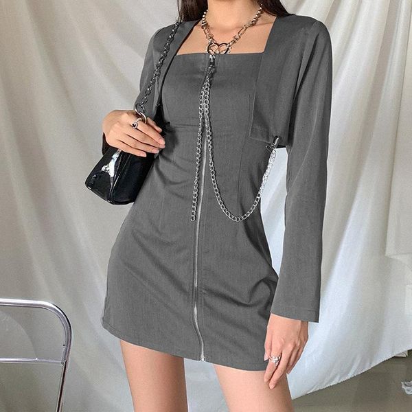 

casual dresses 2021 long sleeve streetwear wild solid female mini dress women fall fashion slim cool zipper chain gray, Black;gray