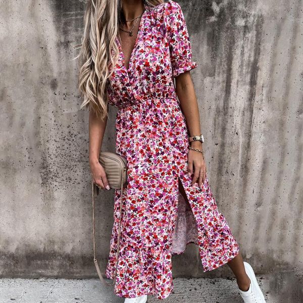 

party dresses 2021 autumn floral print slim long shirt dress women v-neck button split sleeve elastic waist maxi, White;black