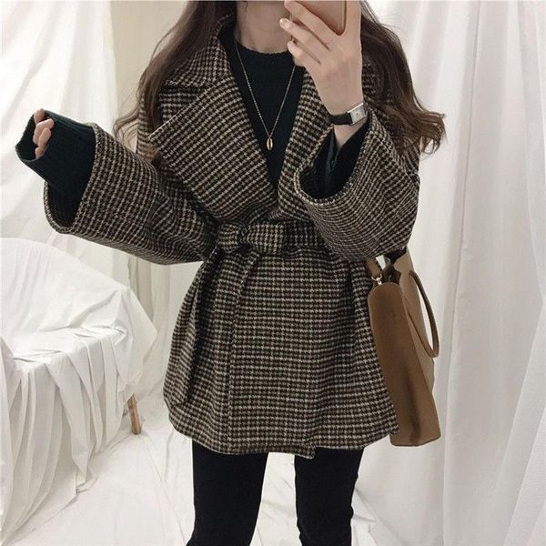 

women's wool & blends [ewq] korean chic lattice large lapel woolen coat thickened cotton jacket autumn winter female tide 2021 16e4243, Black
