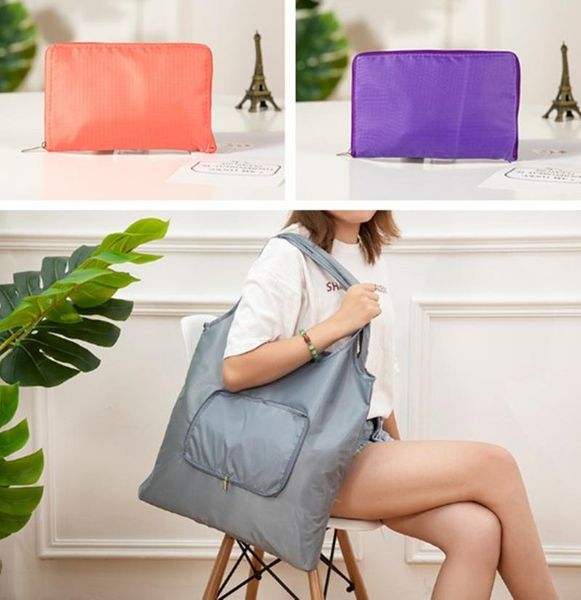 

large capacity tote reusable grocery bags foldable shopping zipper shoulder folding pouch handbags