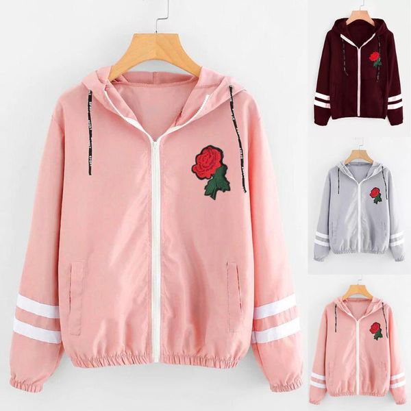 

women's jackets women long sleeve rose thin skinsuits hooded zip floral pockets sport coat for jacket 2021, Black;brown
