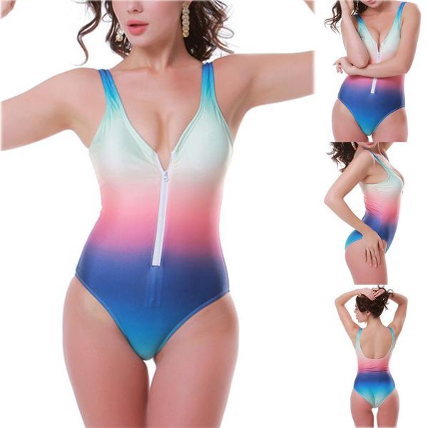 

women's swimwear open back one piece swimsuit rainbow gradient zipper bikini multicolor bathing high waist #g, White;black