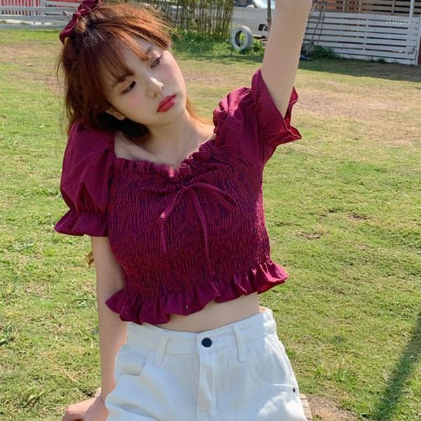 

women's blouses & shirts retro classic plaid fashion sweet square collar puff sleeve ruched blouse with bow women crop, White