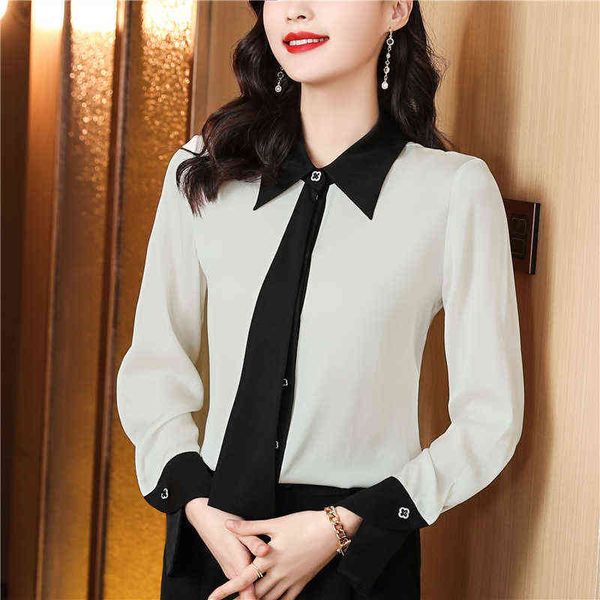

casual dresses shirt women's long sleeve 2022 spring black contrast temperament satin top, Black;gray