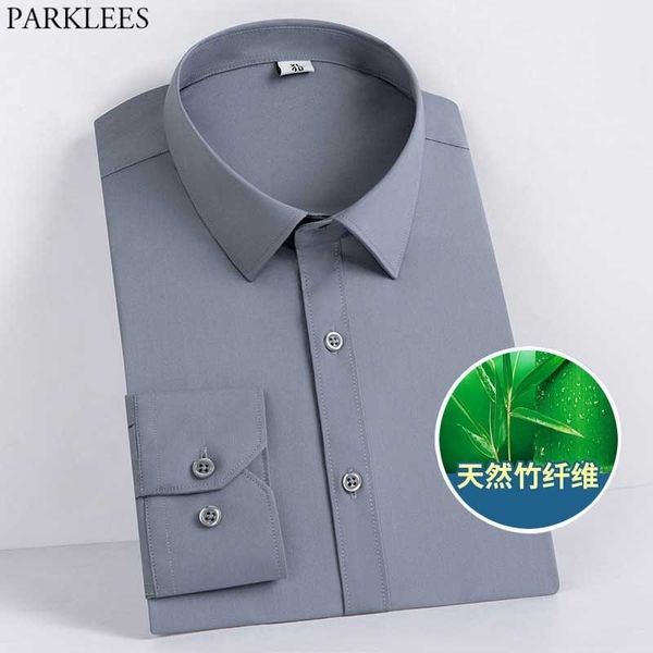 Camisas de vestido de fibra de bambu cinza camisas de homem magro em forma de manga longa camisa masculina macho não ferro fácil assistência formal negócio químico homme 210522