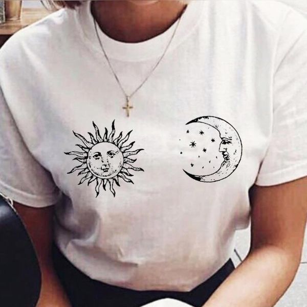 

hahayule jbh sun and women t shirt 100% cotton moon printed retro style tarot tee grunge aesthetic gothic clothing, White