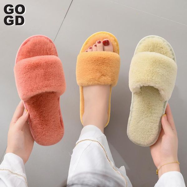 

[gogd] 2021women home slippers winter warm shoes woman slip on flats slides female faux fur 36-41 wholesale, Black