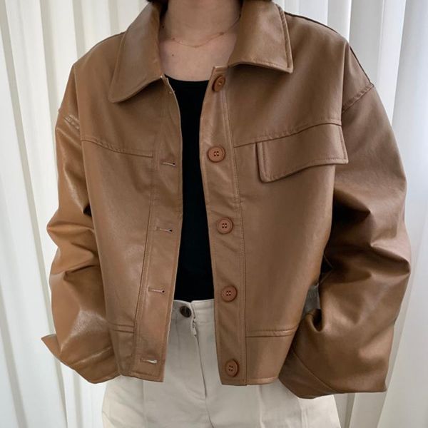

women's jackets vintage loose casual pu leather jacket simple solid streetwear short women autumn 2021 turn down collar coats, Black;brown