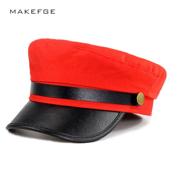 

women brim red and black gray military hats autumn winter wool pu leather patchwork sboy caps with belt female gorras wide, Blue;gray