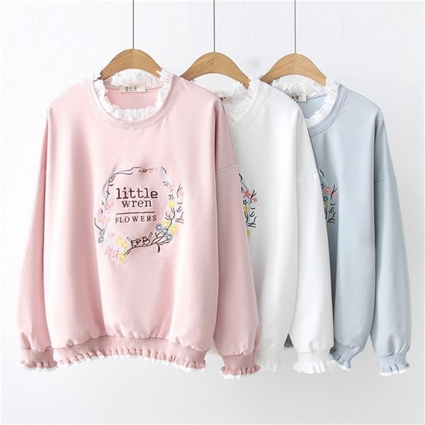 

hsa floral embroidered women t-shirt lace collar long sleeve streetwear pullovers o-neck harajuku sweet sweatshirts tees 210430, White