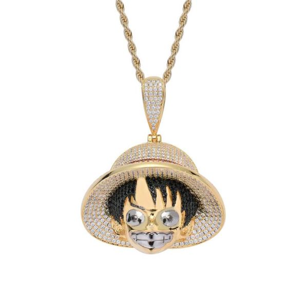 Collane con ciondolo Hip Hop Full CZ Pietra pavimentata Bling Out Cartoon One Piece Rufy Pendenti Collana per uomo Rapper Gioielli Colore oro