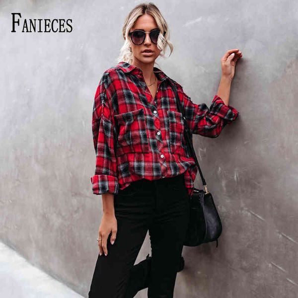 Mulheres Vadrão Vermelho Manta Longa Camisas Primavera Outono Chic Ladies Streetwear Loose Camisa Elegante Fêmea Roupas 210520