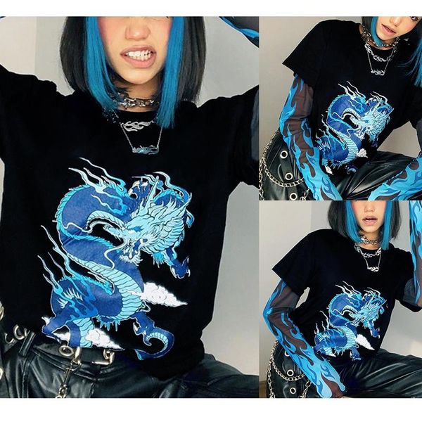

mesh pactchwork t shirt dragon print pullovers flame hip hop crop long sleeve y2k fall winter streetwear women's t-shirt, White