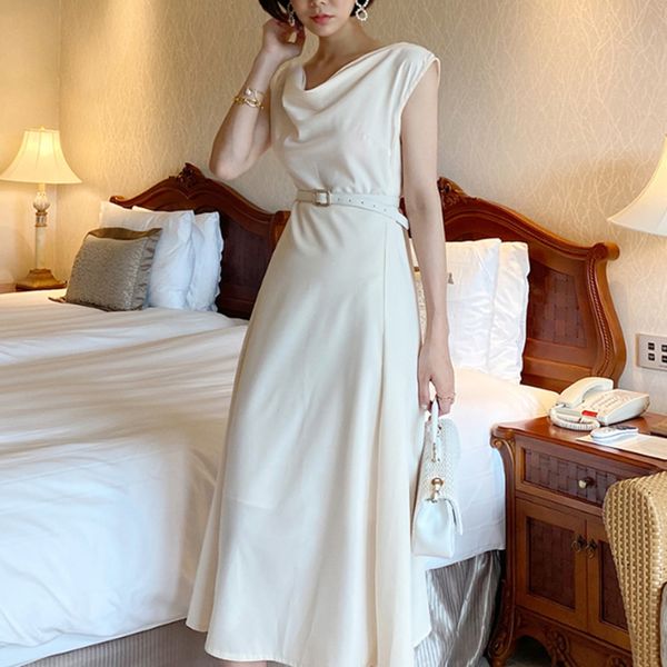 

summer fashion temperament pile collar pure color all-match sleeveless white mid-length dress women belt 16f1072 210510, Black;gray