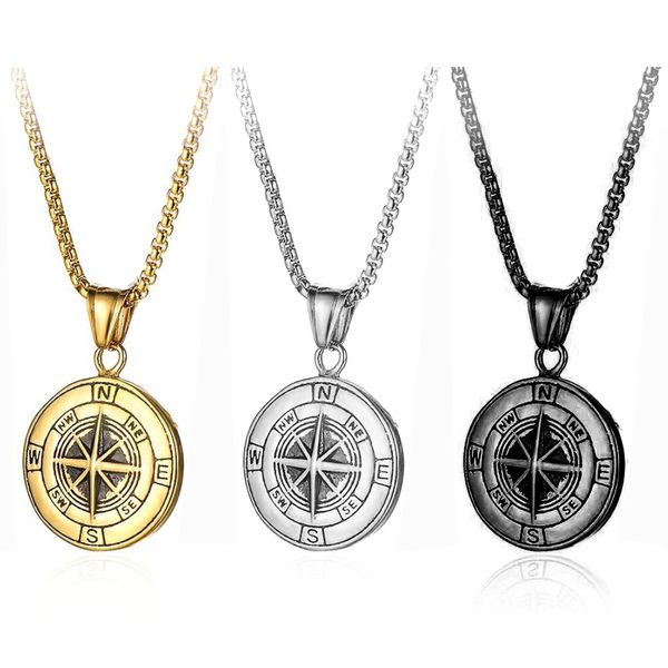 Kompass Runde Münze Anhänger Halskette für Männer Frauen Punk Gothic Schmuck Gold Schwarz Silber Farbe