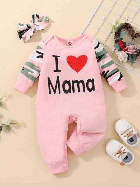 

baby camo & slogan graphic jumpsuit & headband she, Blue