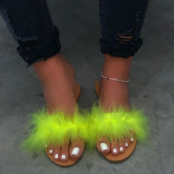 

slippers 2021 summer party fur plush women indoor\ outdoor flat shoes furry flats beach ladies slides dropship, Black